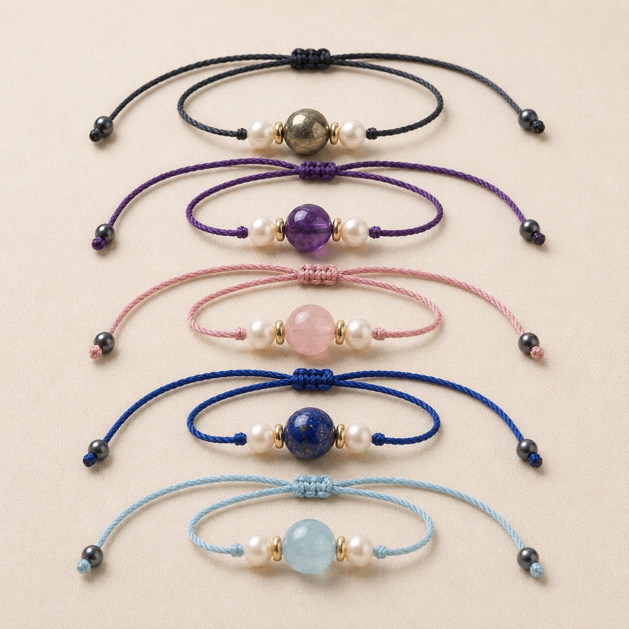 Set of 5 Crystal With Pearl Adjustable Thread Bracelets