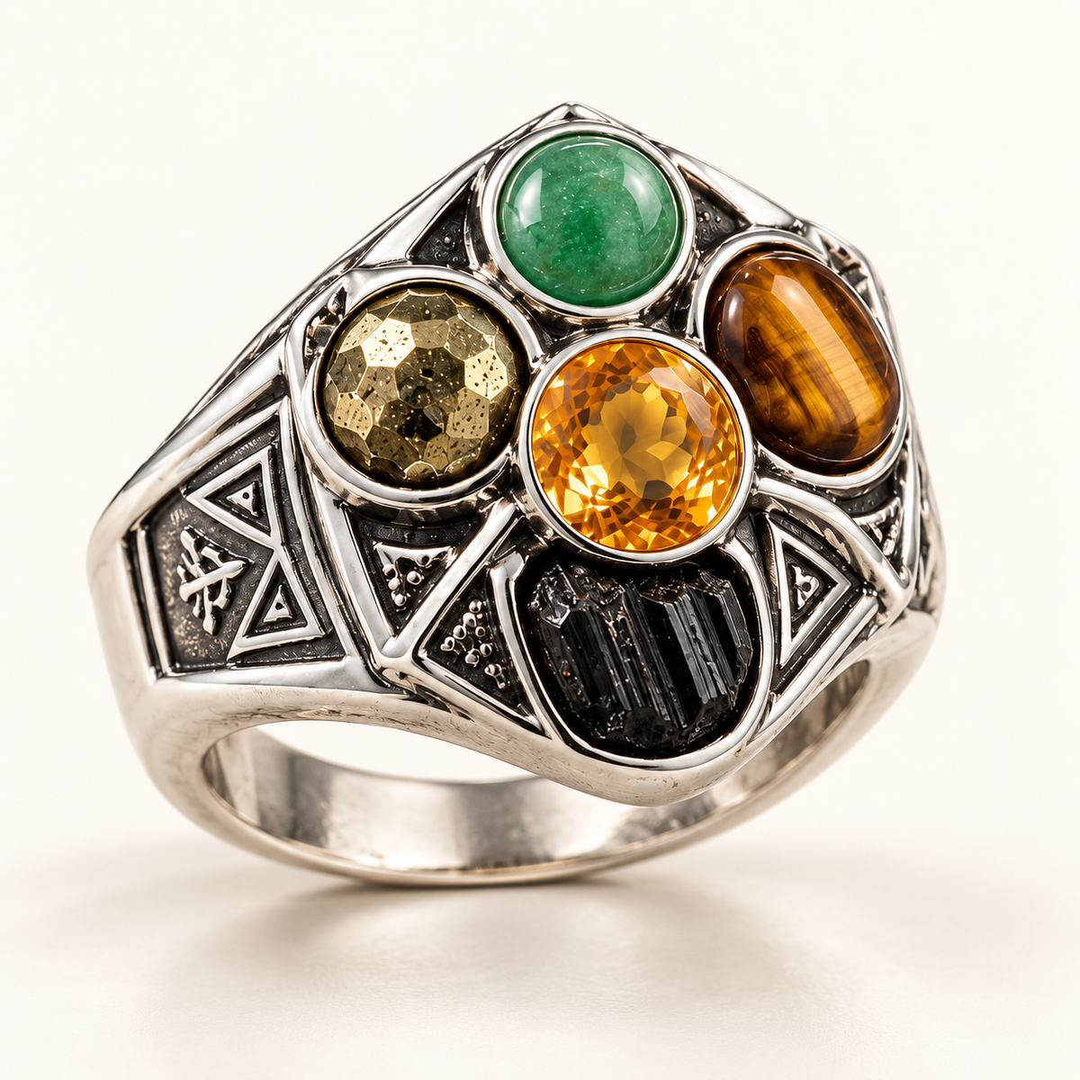 Prosperity & Protection Men’s Ring – 925 Silver with 5 Natural Untreated Stones
