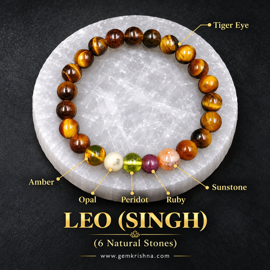 Leo (Singh) Zodiac Bracelet – 6 Natural Stones: Tiger Eye, Amber, Opal, Peridot, Ruby & Sunstone