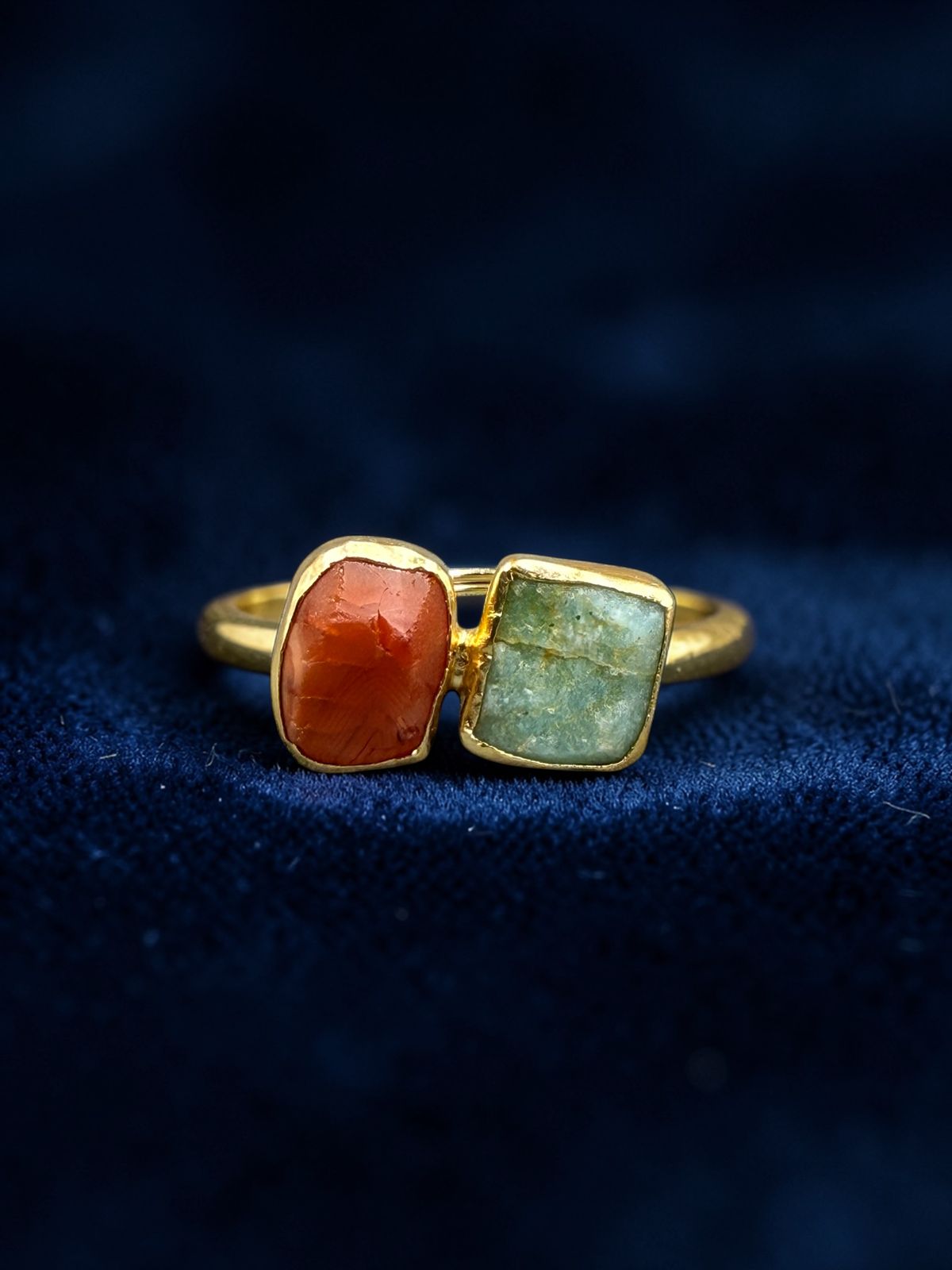 Green Aventurine and Carnelian Rough Metal Ring