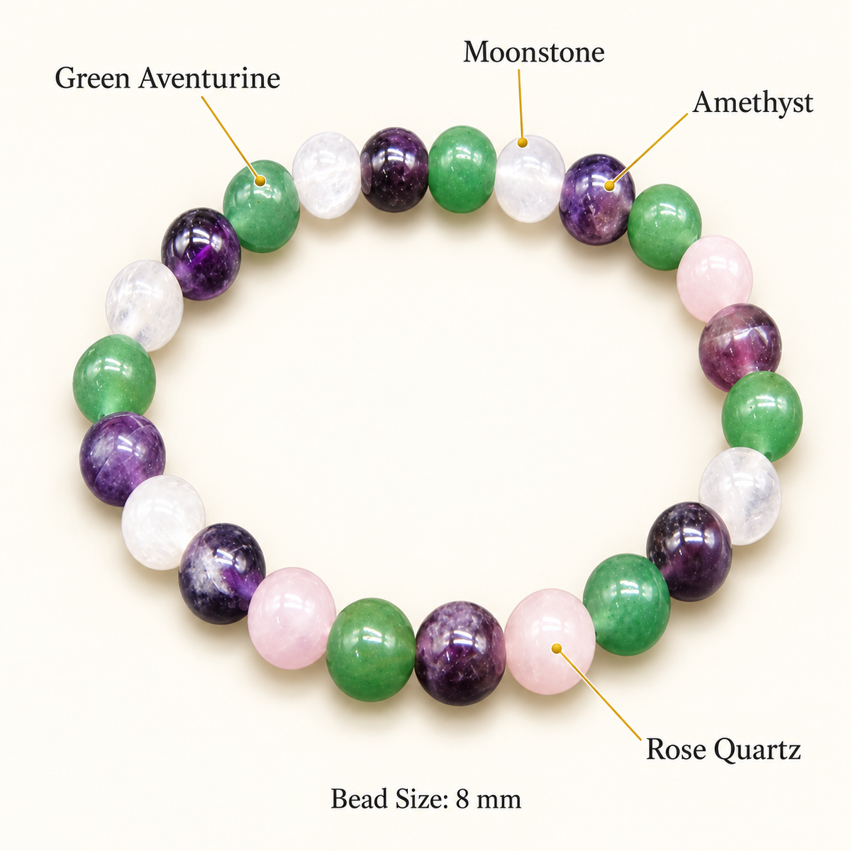 Love, Calm & Harmony Bracelet – Rose Quartz, Amethyst, Green Aventurine & Moonstone, 8mm with Lab Report | GemKrishna