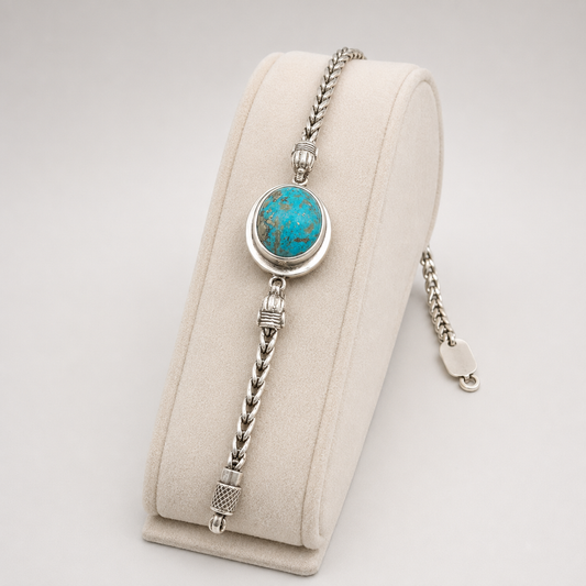 Unisex Oval Turquoise 925 Sterling Silver Bracelet (Protection & Communication) (54 Gram)