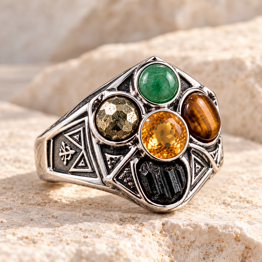 Prosperity & Protection Men’s Ring – 925 Silver with 5 Natural Untreated Stones