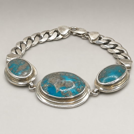 925 Silver Unisex Three-Stone Turquoise Bracelet (Protection & Confidence) (52 gram)