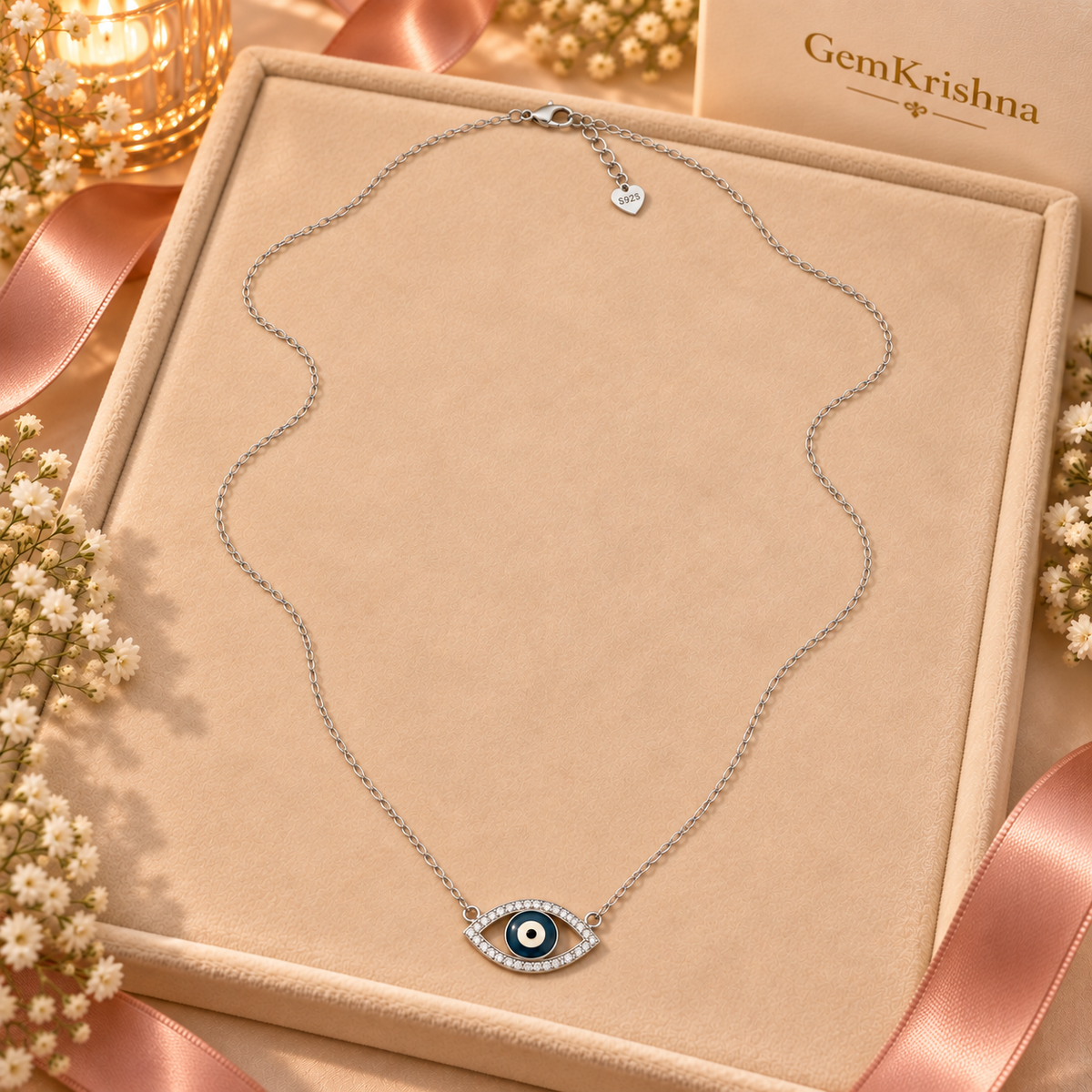 925 Sterling Silver Evil Eye Necklace with Moissanite – Hallmarked Nazar Pendant (3.920 g)
