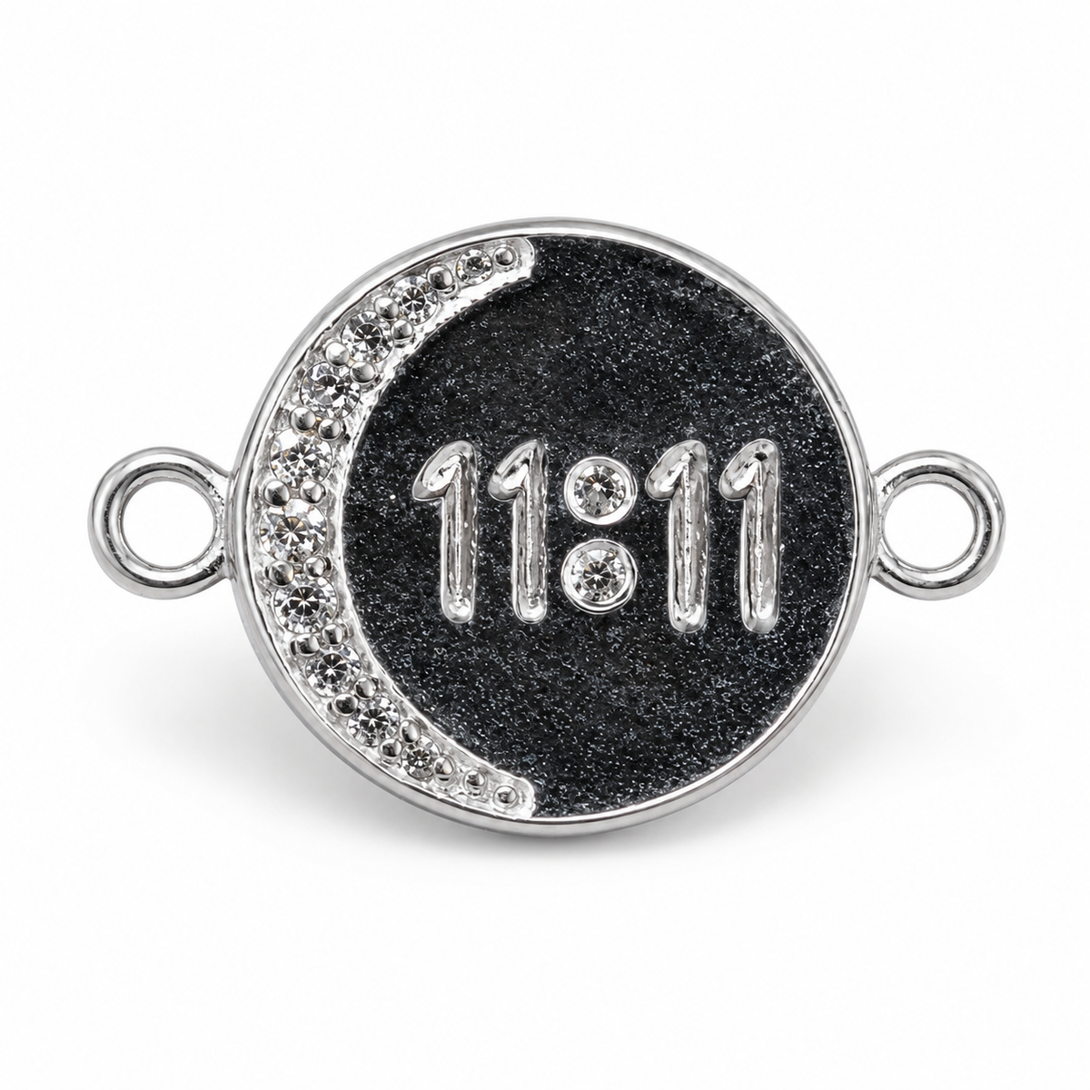 Silver 11:11 angel number rakhi pendant-style charm with black enamel and rhinestone edge