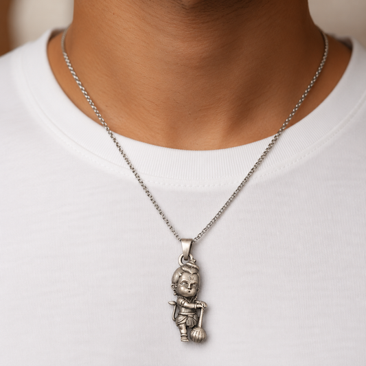 925 silver Bal Hanuman gada pendant worn on a silver chain necklace