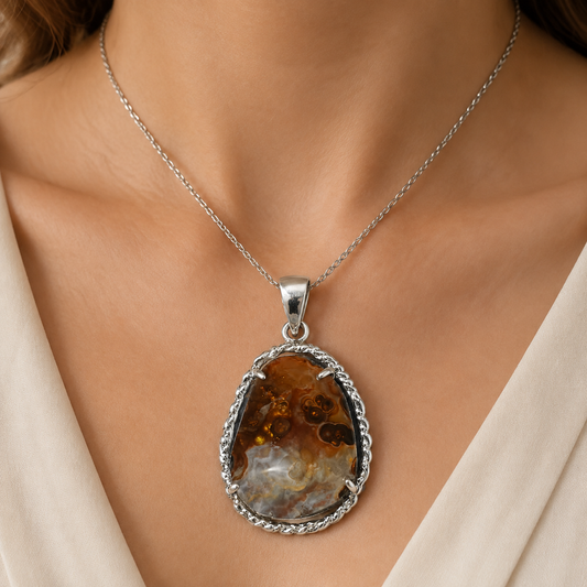 925 silver fire agate oval pendant worn on a silver chain against cream fabric