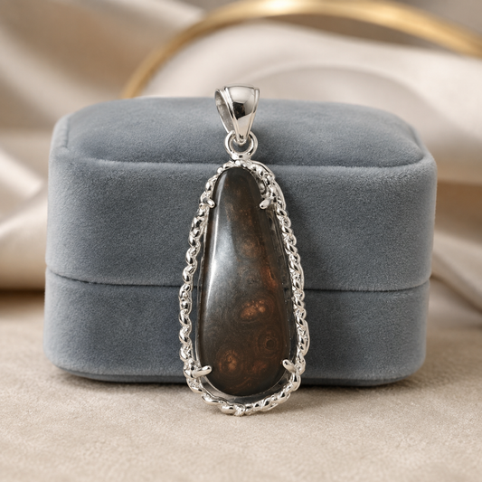 925 silver fire agate pendant with teardrop gemstone in silver ornate bail on blue jewelry box