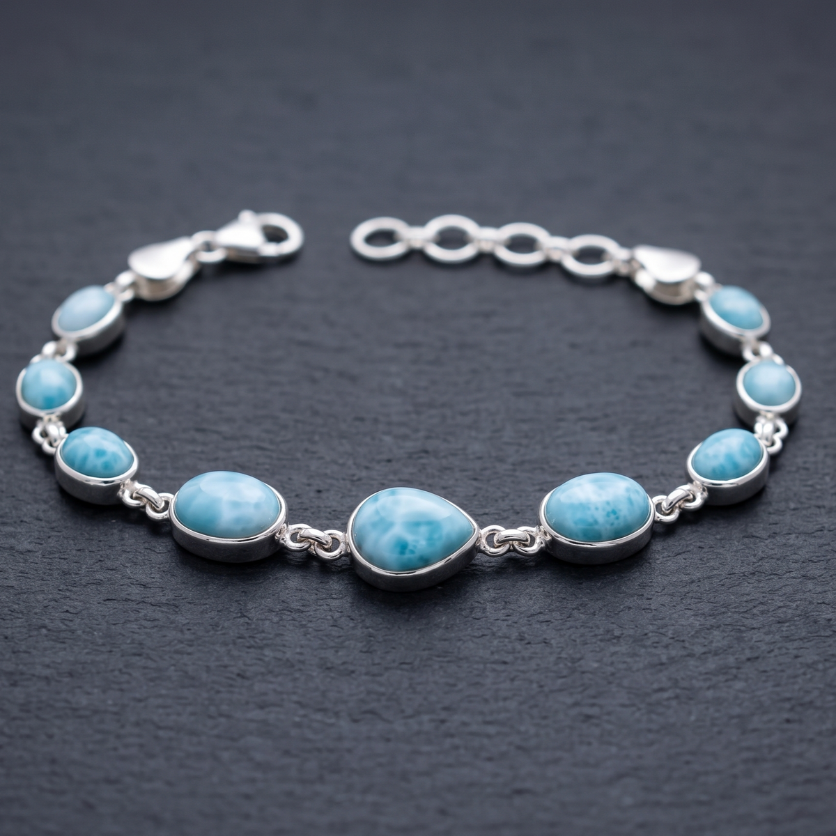 925 silver larimar beaded bracelet with round blue stones and lobster clasp