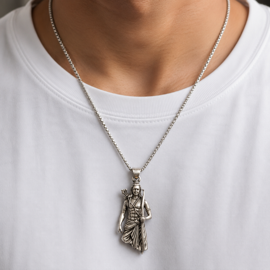 925 silver Lord Ram bow and arrow pendant worn on a chain against a white shirt