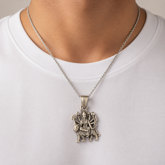 Model wearing a 925 silver Maa Durga Sherawali pendant on a thin chain