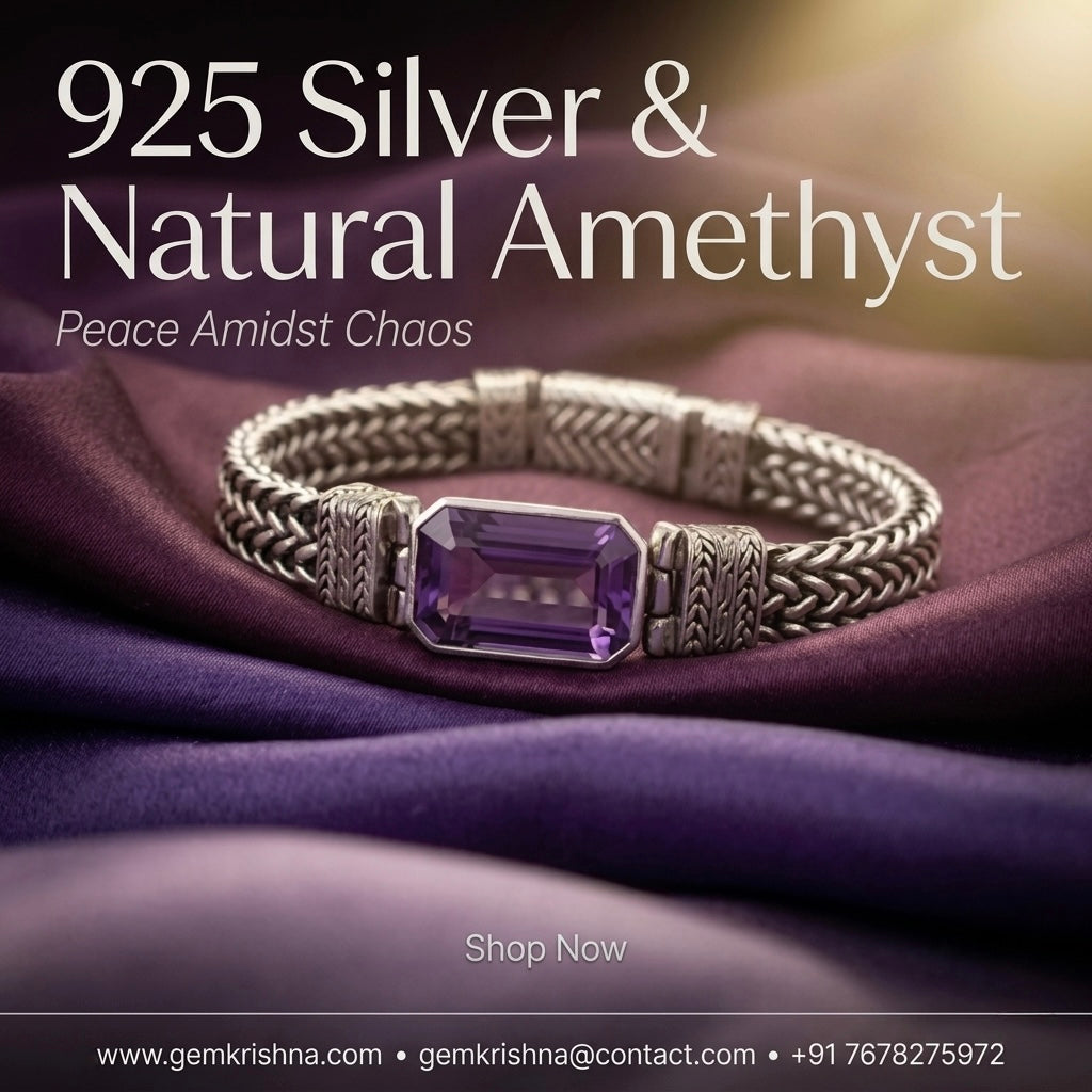 925 silver and natural amethyst bracelet displayed on purple fabric with gemstone