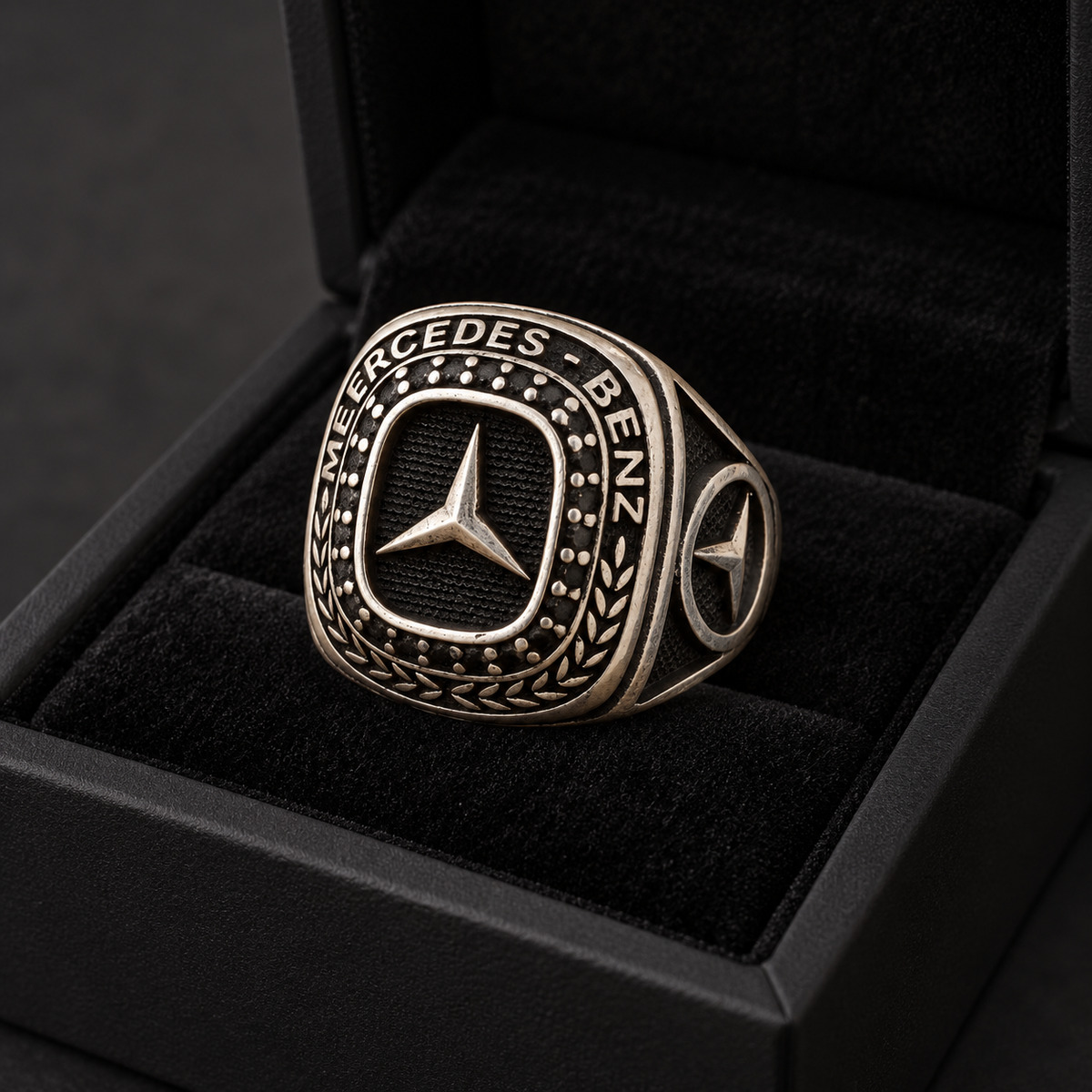 925 Sterling Silver Benz Emblem Ring, 10.10 g, Black Detail for Men