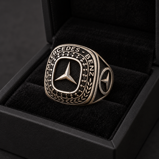 925 Sterling Silver Benz Emblem Ring, 10.10 g, Black Detail for Men