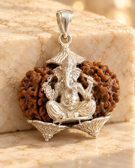 Gauri Shankar Rudraksha Pendant with Silver Ganesh Ji – 925 Silver Locket Only (22.98 Ct, 18 Gram, Lab & X-Ray Certified)