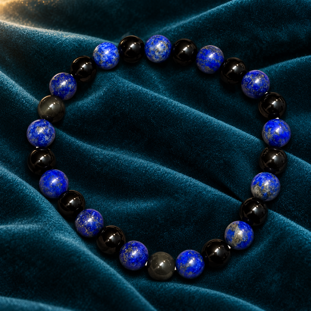 Grounding & Wisdom Bracelet – Black Obsidian and Lapis Lazuli, 8mm with GJSPC Lab Report | GemKrishna