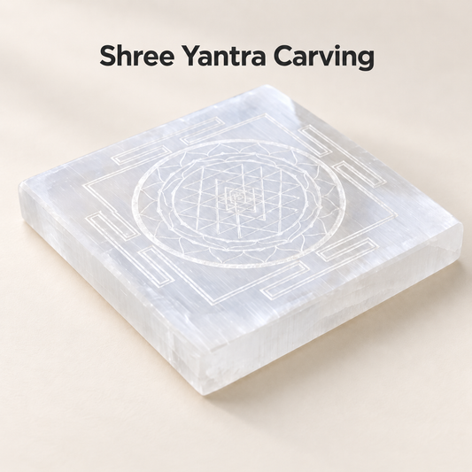 Natural Selenite 3 inch Plate Polished Square Shree Yantra Carving (Energy Cleansing and Peace)
