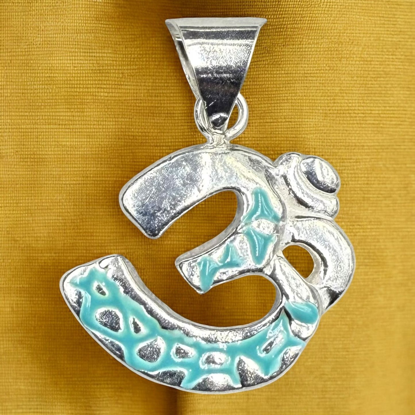 OM Sterling Silver Locket With Aqua Green Patterns