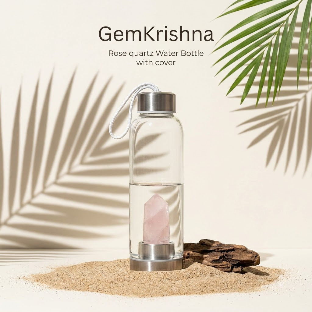 Rose quartz crystal water bottle with natural rose quartz point, glass body and stainless steel cap by GemKrishna