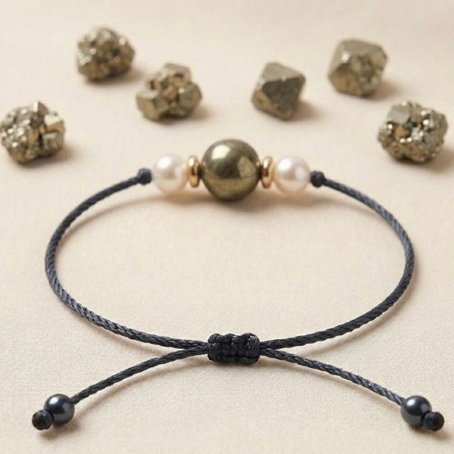 Pyrite With Pearl Adjustable Thread Bracelet (Abundance & Confidence)