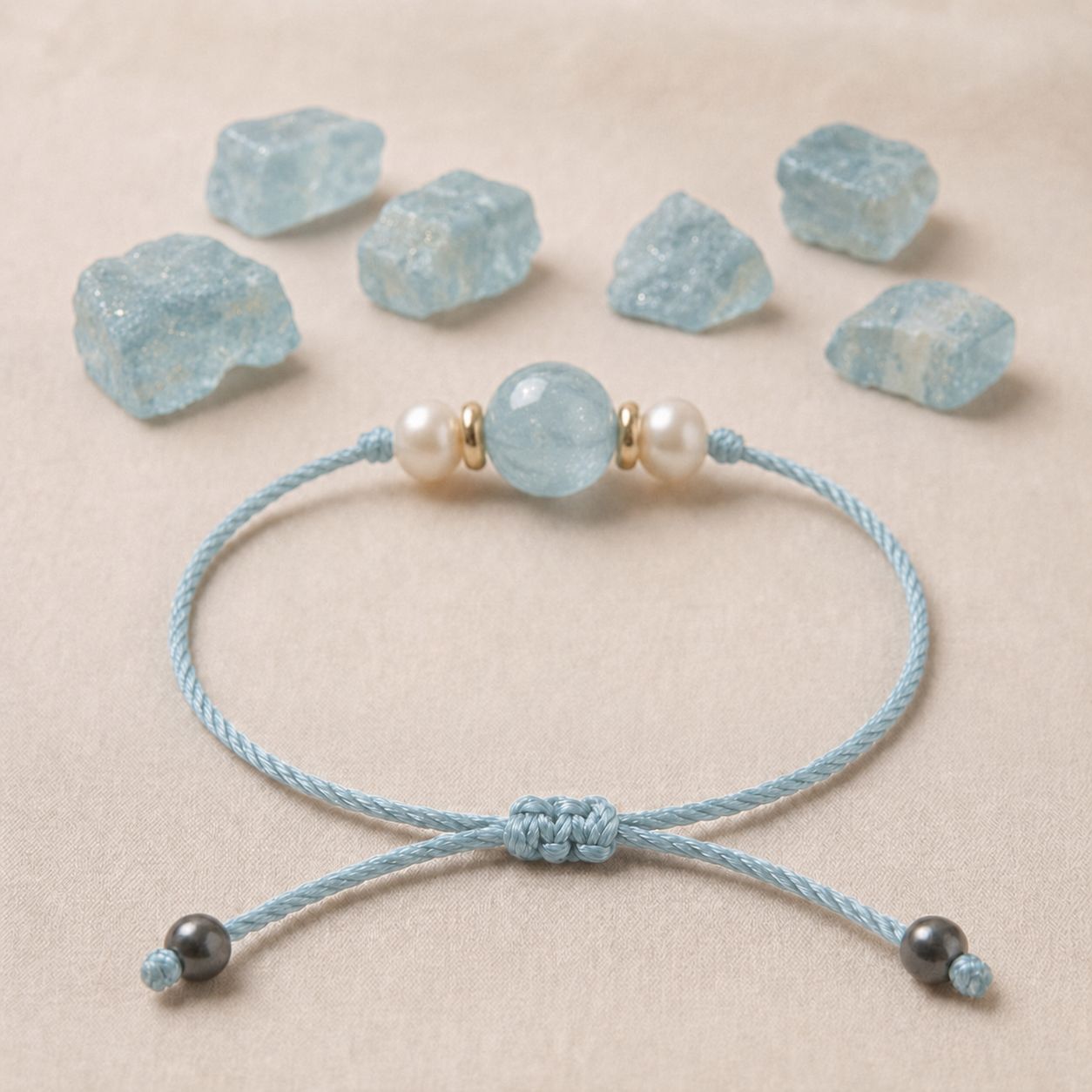 Aquamarine With Pearl Adjustable Thread Bracelet (Calm & Communication)