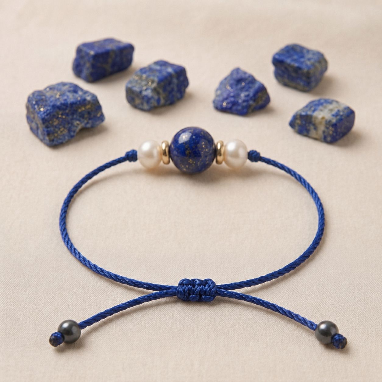 Lapis Lazuli With Pearl Adjustable Thread Bracelet (Wisdom & Communication)