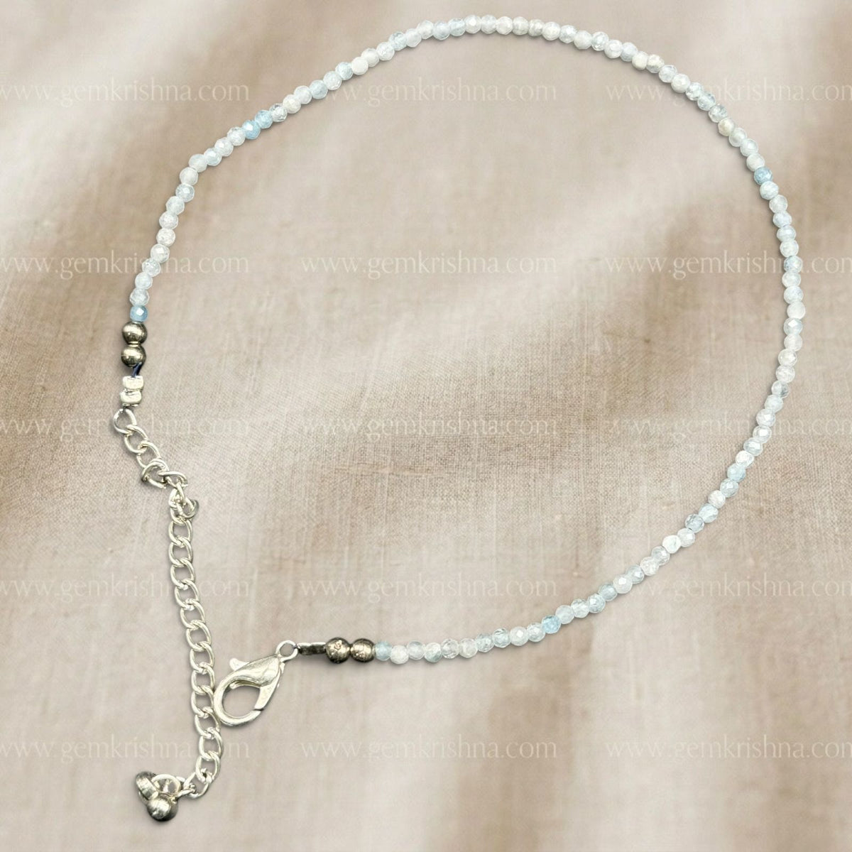 Aquamarine anklet with faceted light-blue beads and silver-tone chain clasp