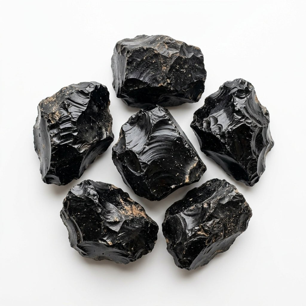Assorted raw black obsidian crystals with glossy black glassy surfaces on white background