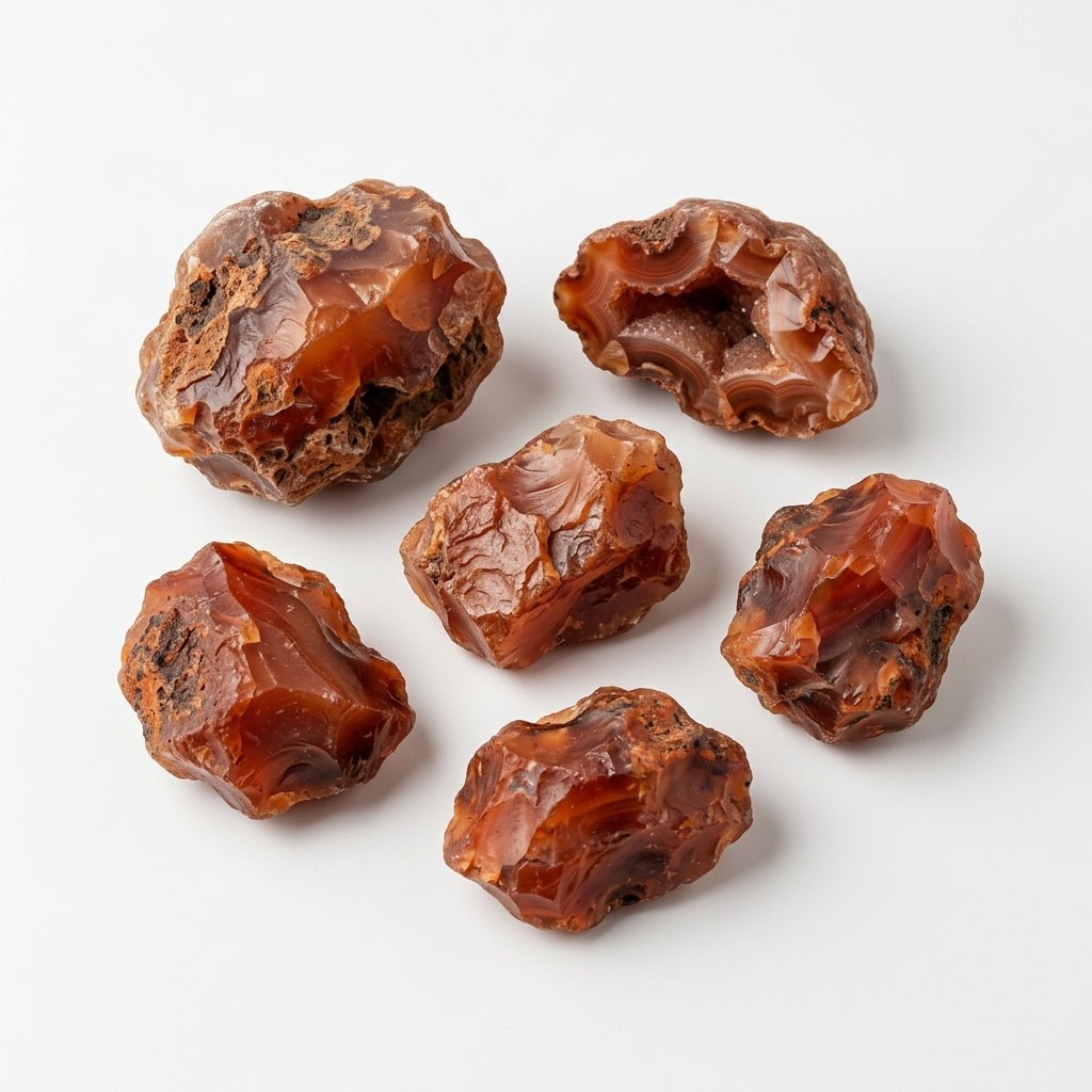Assorted raw carnelian crystal pieces with reddish orange translucent interiors on white