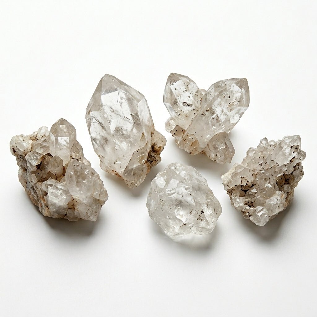 Assorted raw clear quartz crystals with jagged transparent facets on white background