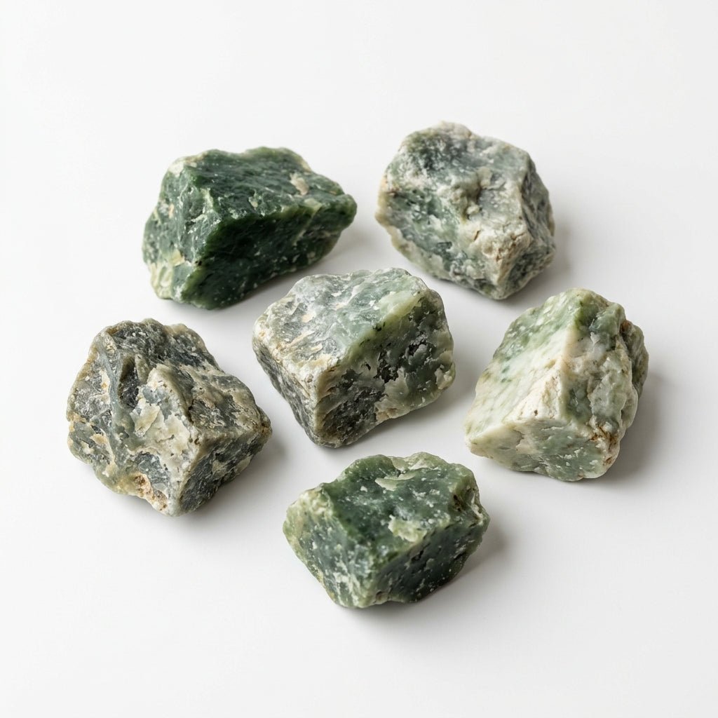 Assorted raw green jade crystal pieces, rough natural stones on white background