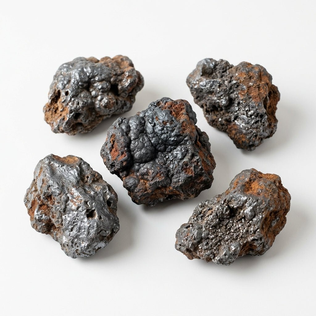 Five raw hematite crystal pieces with dark metallic shine and rust-colored spots