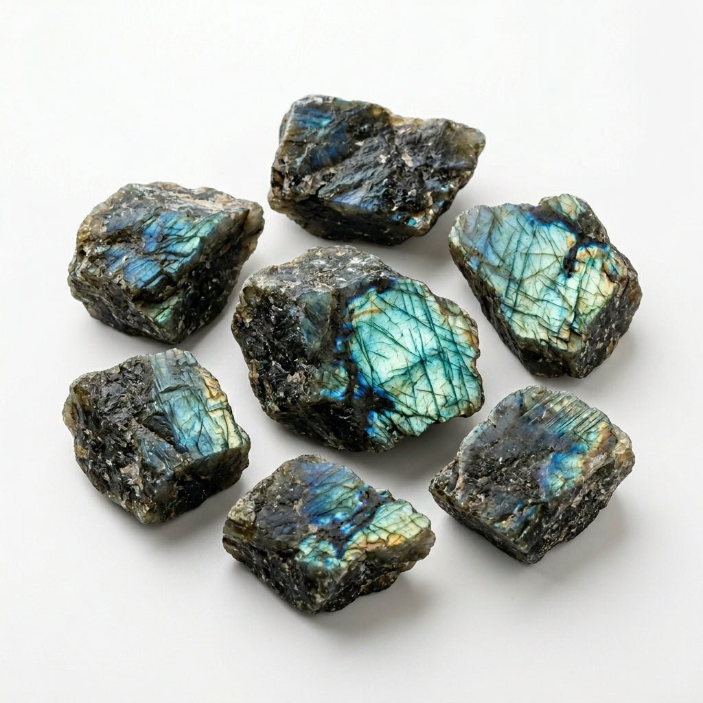 Assorted raw labradorite crystal pieces with blue-green iridescent flashes on white background