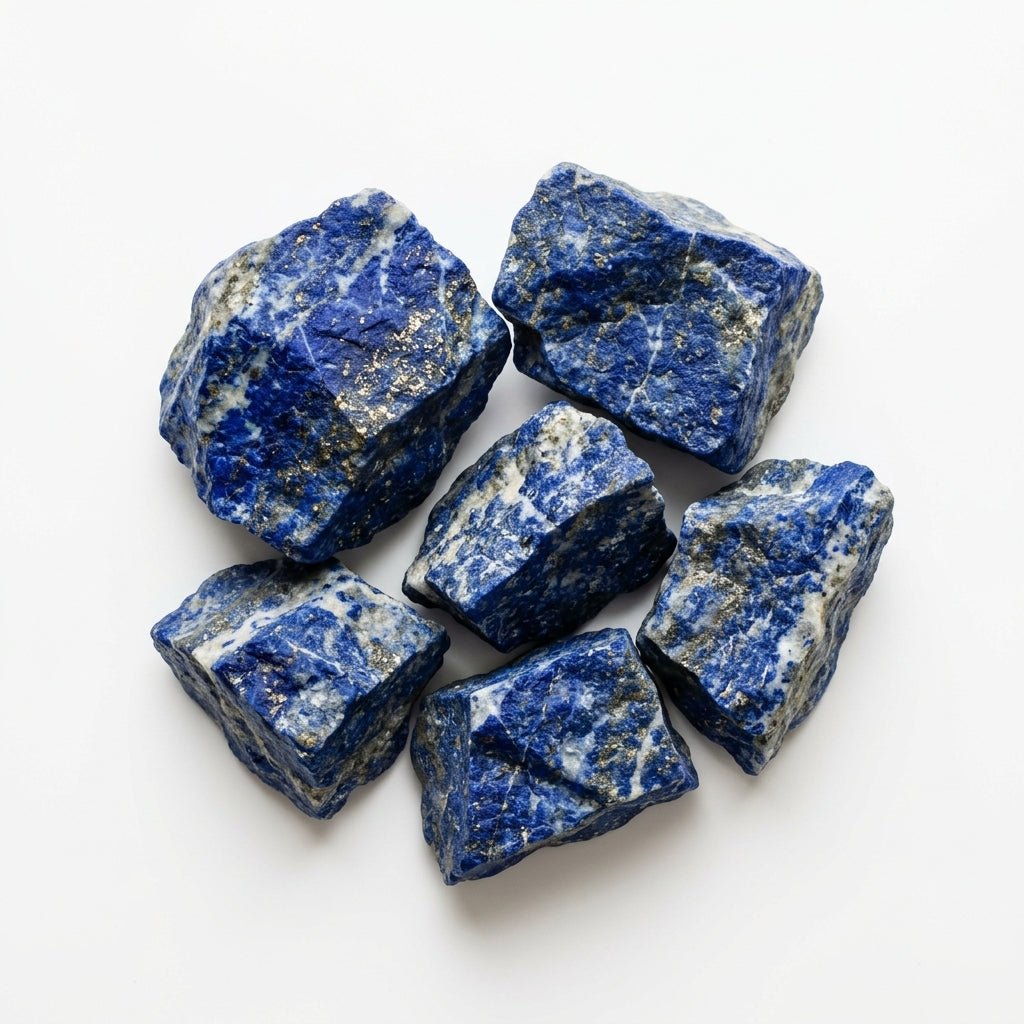 Assorted raw lapis lazuli crystal pieces with blue color and golden speckles