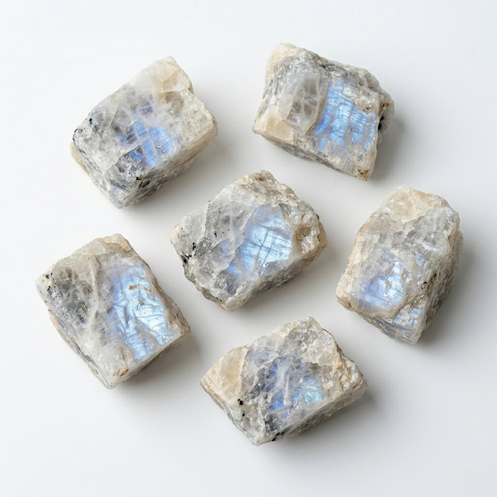Multiple raw moonstone rough crystals showing natural white-gray texture with blue flashes