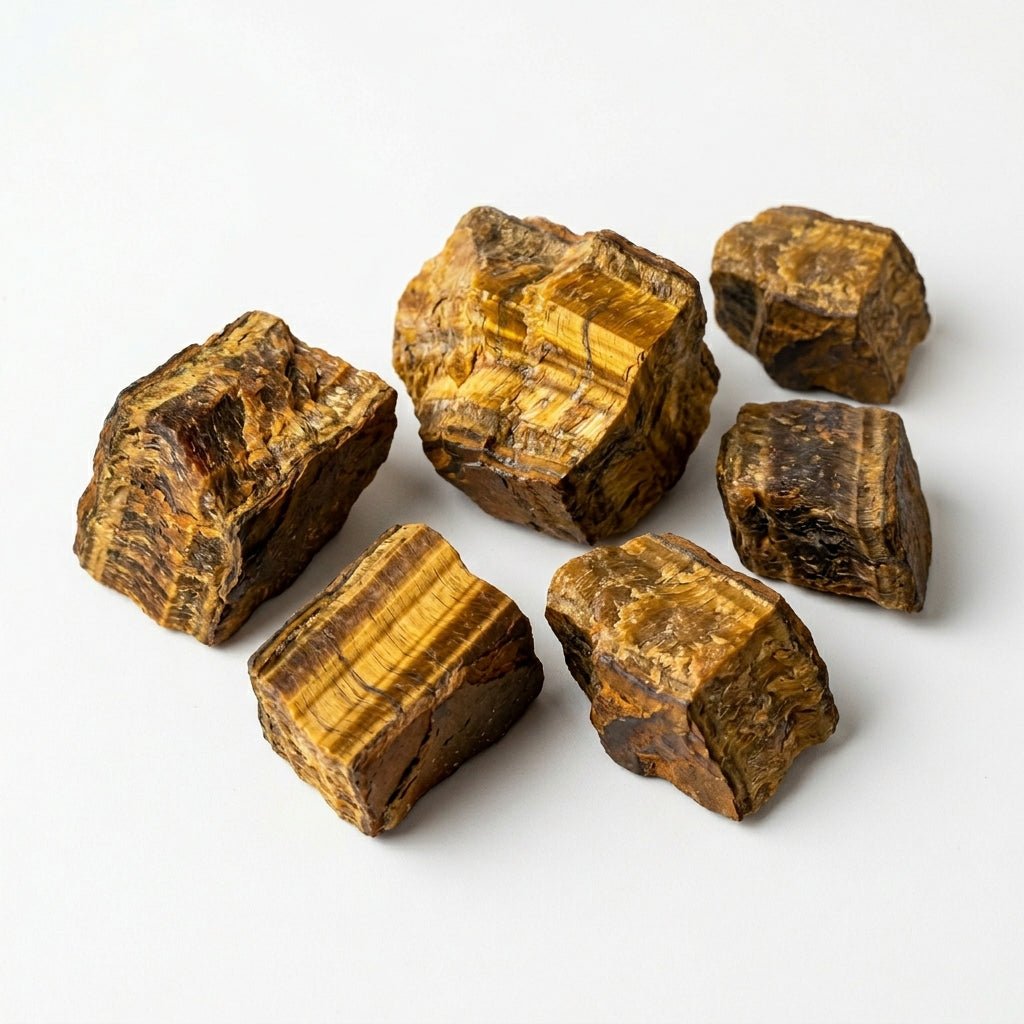 Assorted raw tiger's eye crystals showing natural golden-brown striped patterns