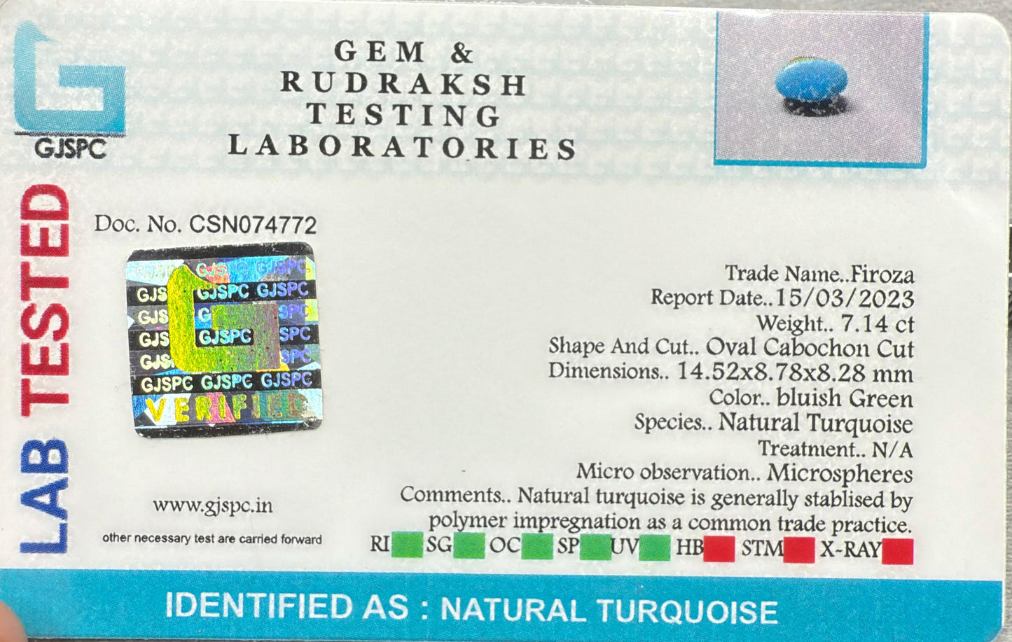 Natural Turquoise 7.14 ct Certificate No. CSN074772