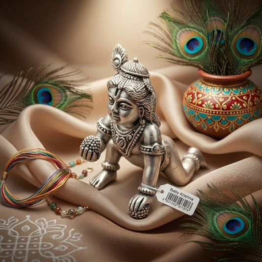 Baby Krishna 925 silver idol statue with Laddoo Gopal styling, posed on a decorative peacock cloth