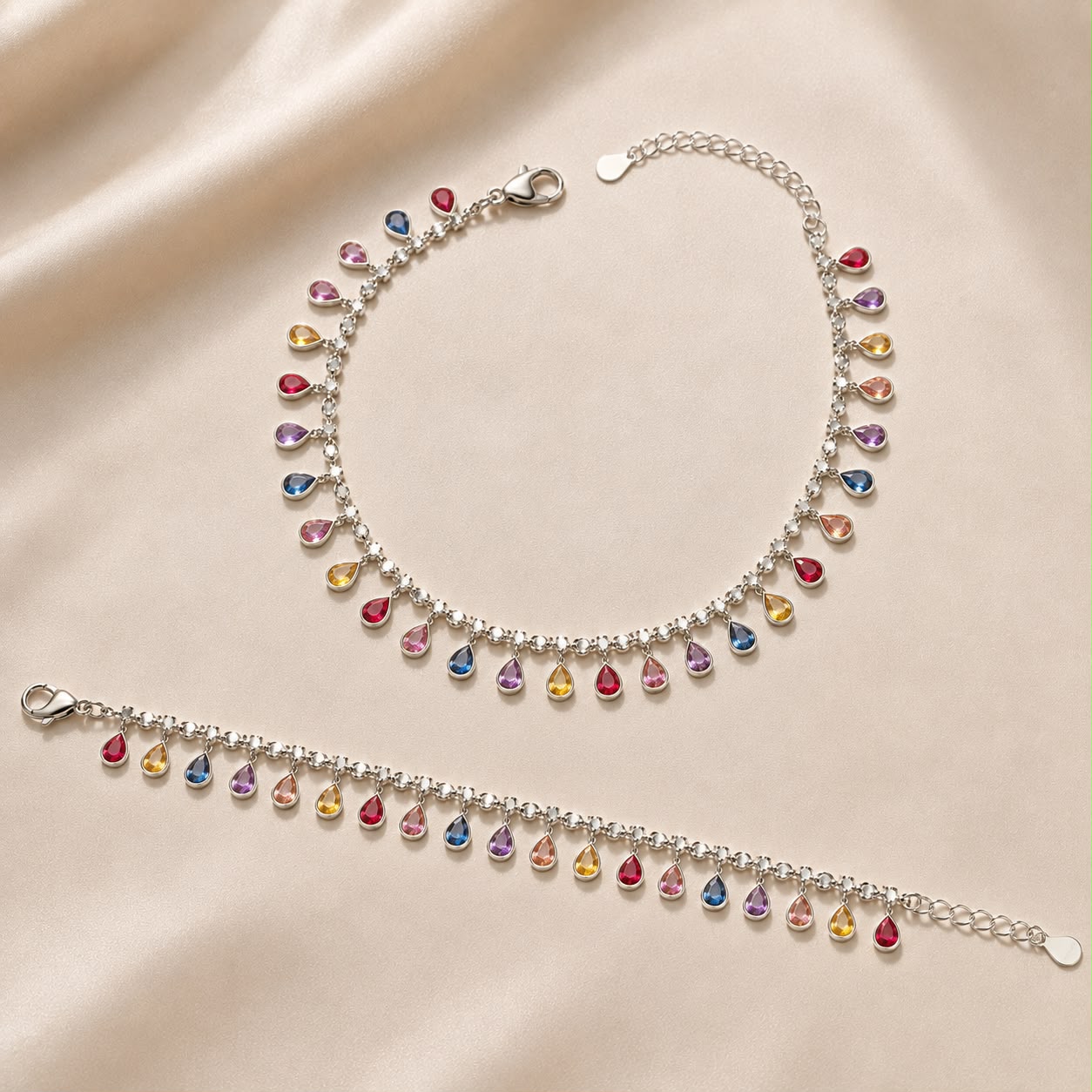 Multicolour Pear Stone 925 Sterling Silver Anklet for Women (Joy & Harmony) (17.65 Gram)