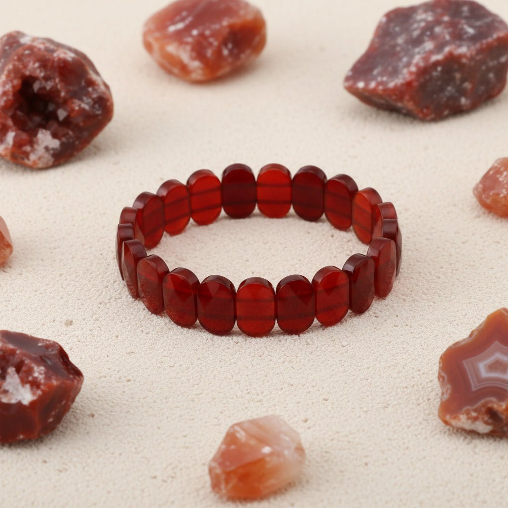 Carnelian Oval Faceted Flat Bead Bracelet | Confidence and Vitality | Best Quality | 100% Natural - GemKrishna