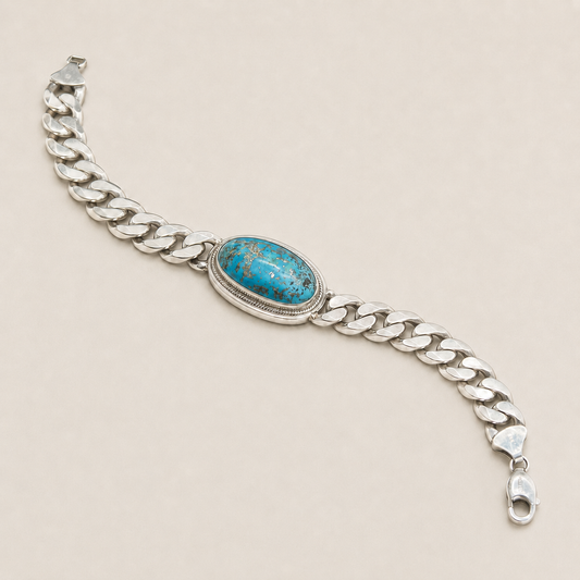 Unisex Turquoise 925 Sterling Silver Cuban Chain Bracelet (Protection & Confidence) (56 Gram))
