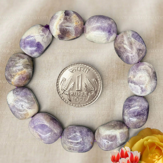 Chevron amethyst tumble bracelet with large heart-shaped lavender beads and coin for size