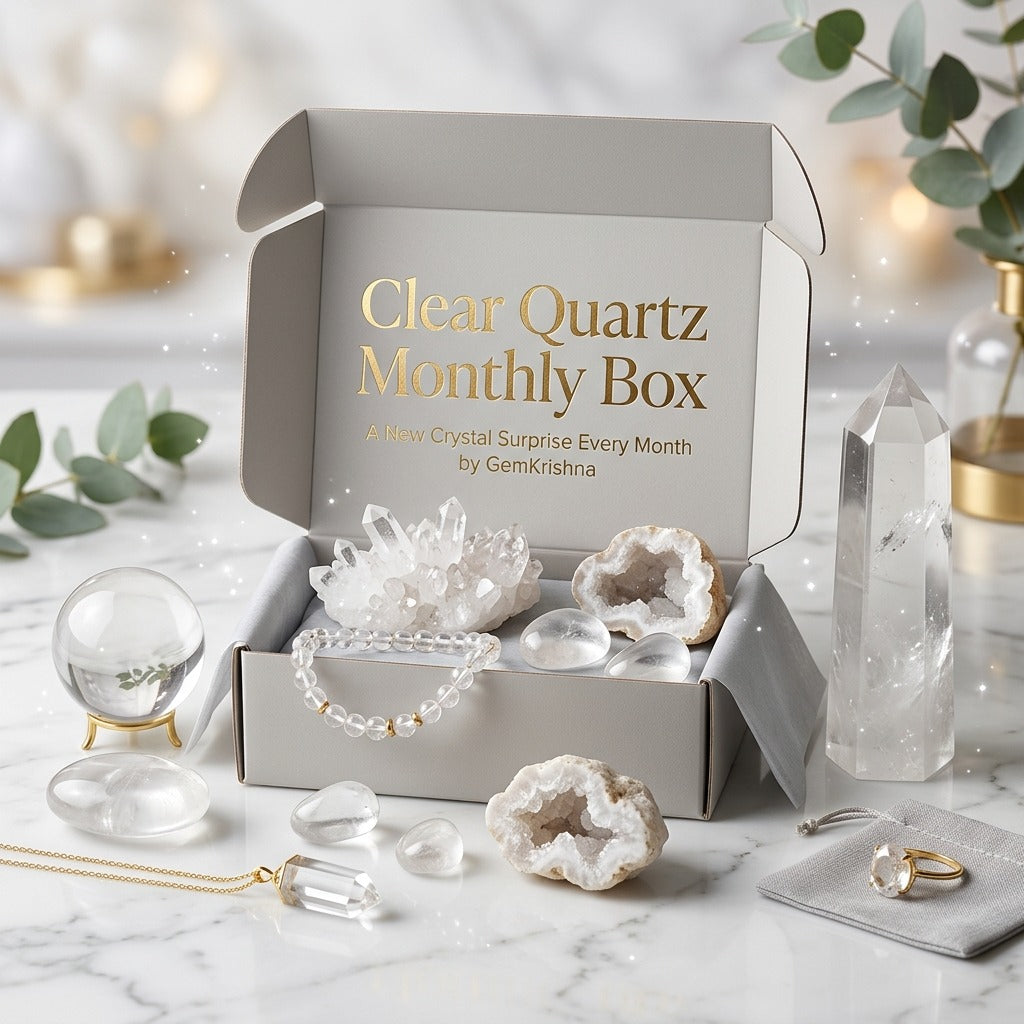 Clear Quartz Monthly Box with crystal pieces, beaded bracelet, and display points on marble