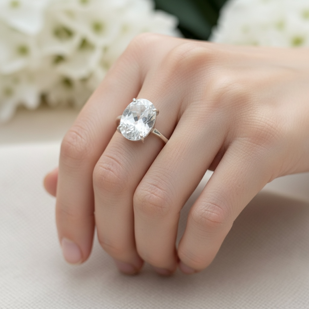 Natural clear quartz adjustable ring on hand with oval clear stone and open prong bezel