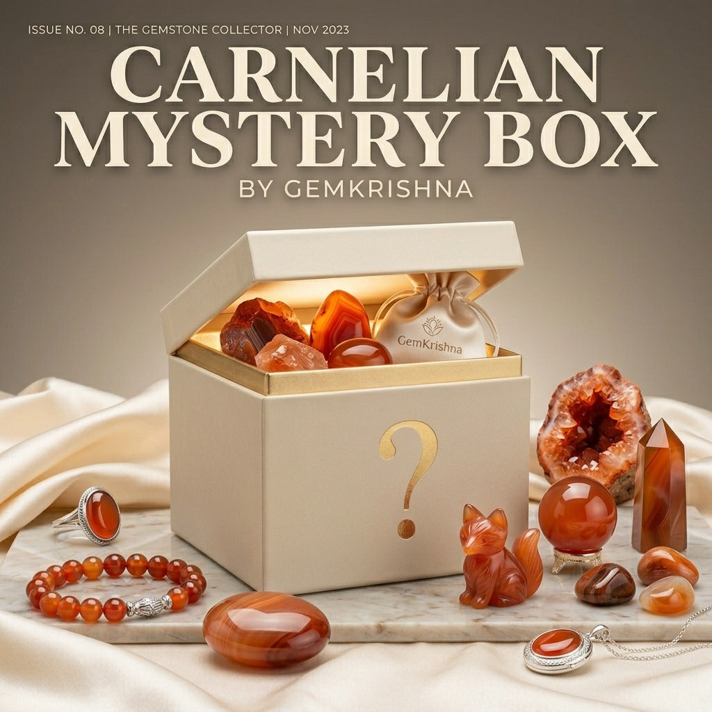 Carnelian Mystery Box with gemstones, carnelian bracelet, and ring on draped fabric