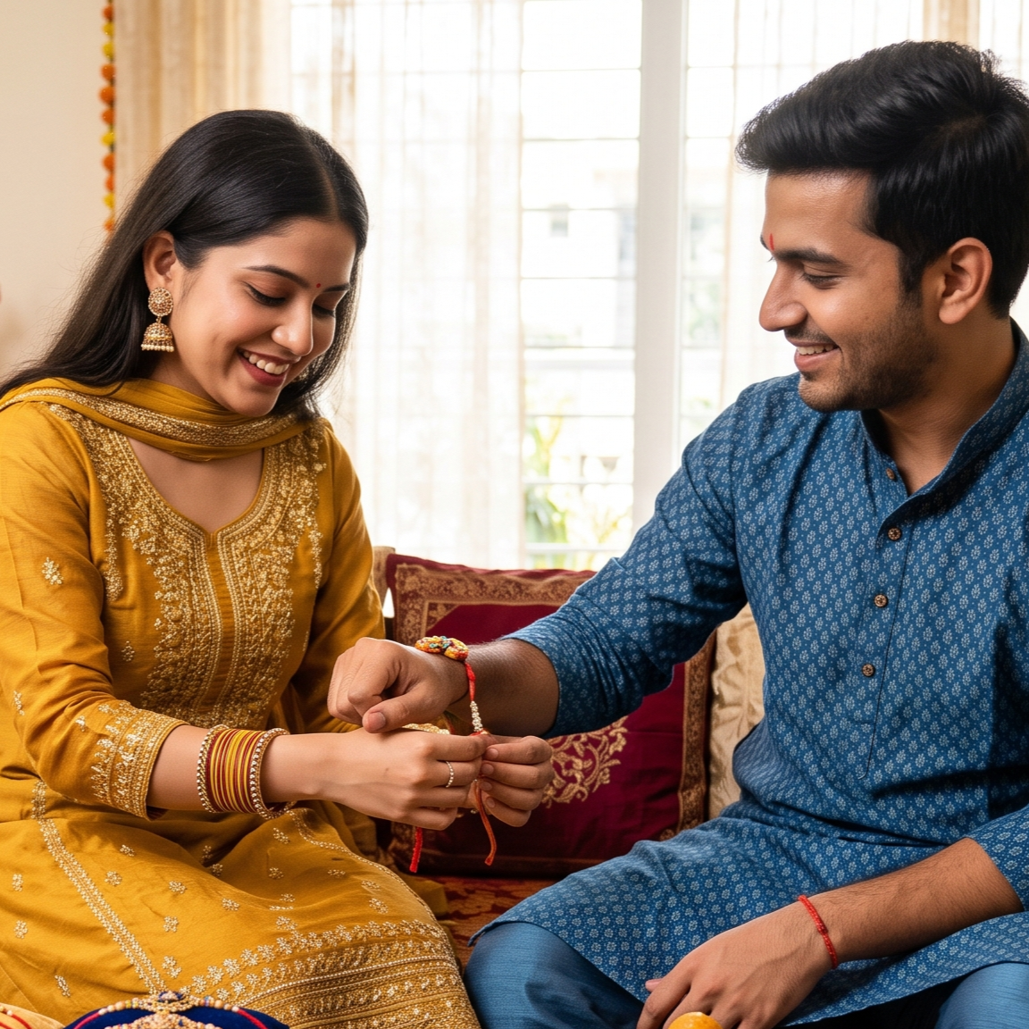 Couple tying a custom rakhi builder bracelet on each other in festive home setting