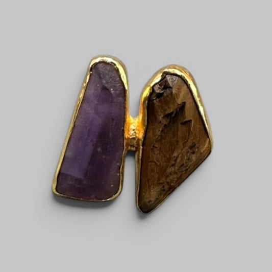 Natural dual amethyst and tiger's eye rough metal ring showing front stones close-up