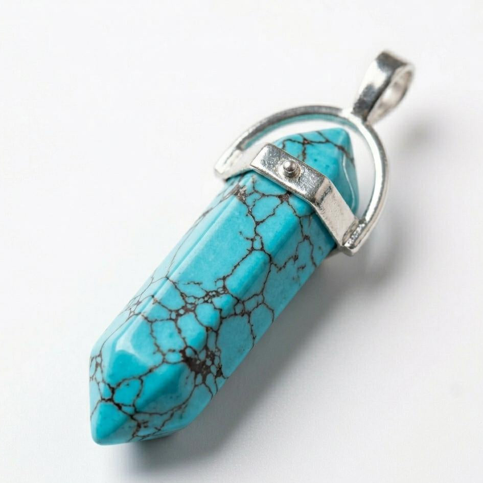 Dyed magnesite pencil locket pendant with turquoise blue stone and silver-toned bail