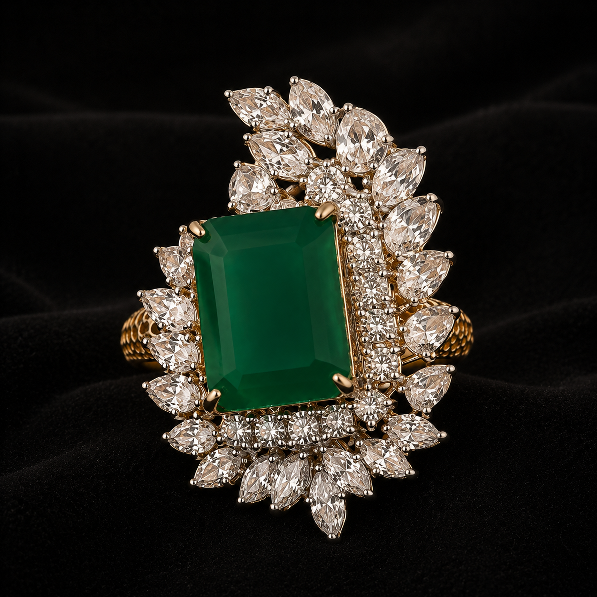 18K gold emerald-cut emerald and diamond cluster halo ring, centered top view